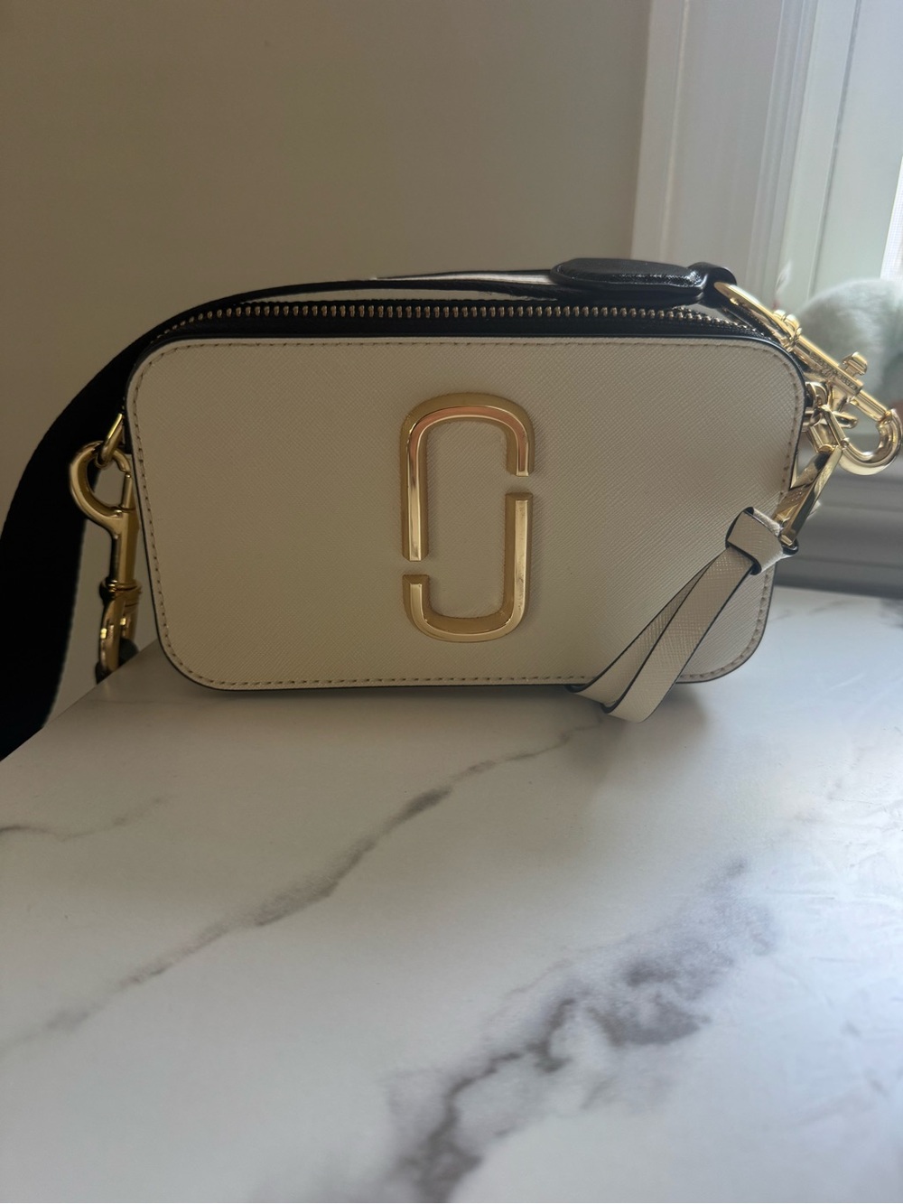 Marc Jacobs Cream Crossbody Camera Bag with Gold Hardware